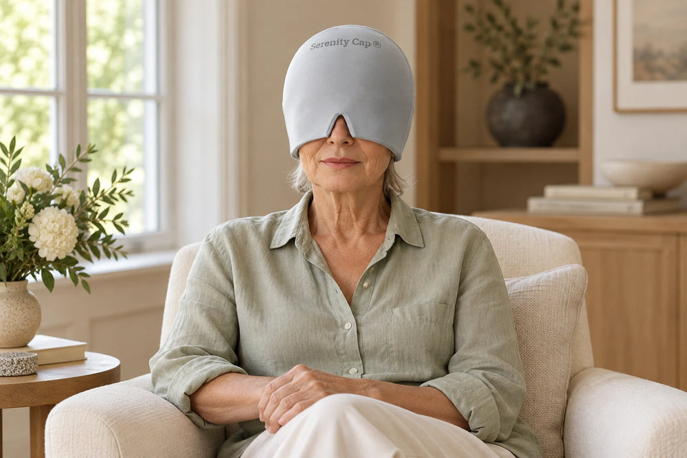Illustration : femme senior portant le bonnet Serenity-Cap gris