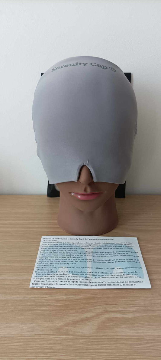 Bonnet et masque migraine Serenity-Cap gris pour repos au calme