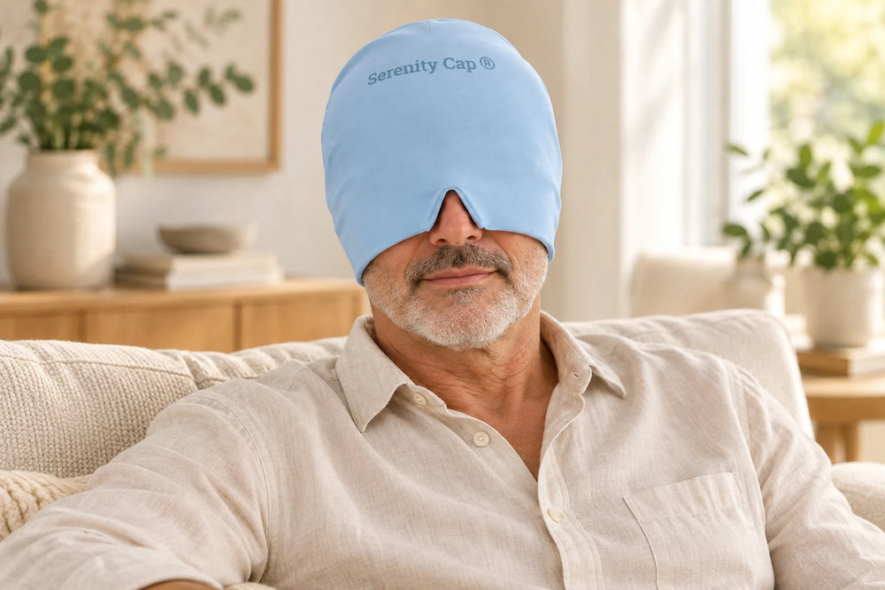 Illustration : homme adulte portant le bonnet anti-migraine Serenity-Cap Bleu Arctic