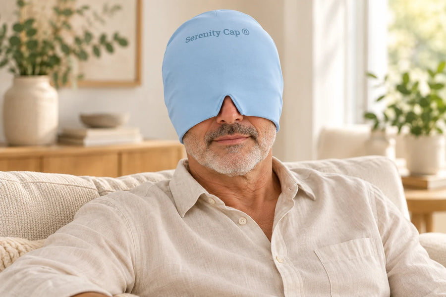 Illustration : homme adulte portant le bonnet anti-migraine Serenity-Cap Bleu Arctic