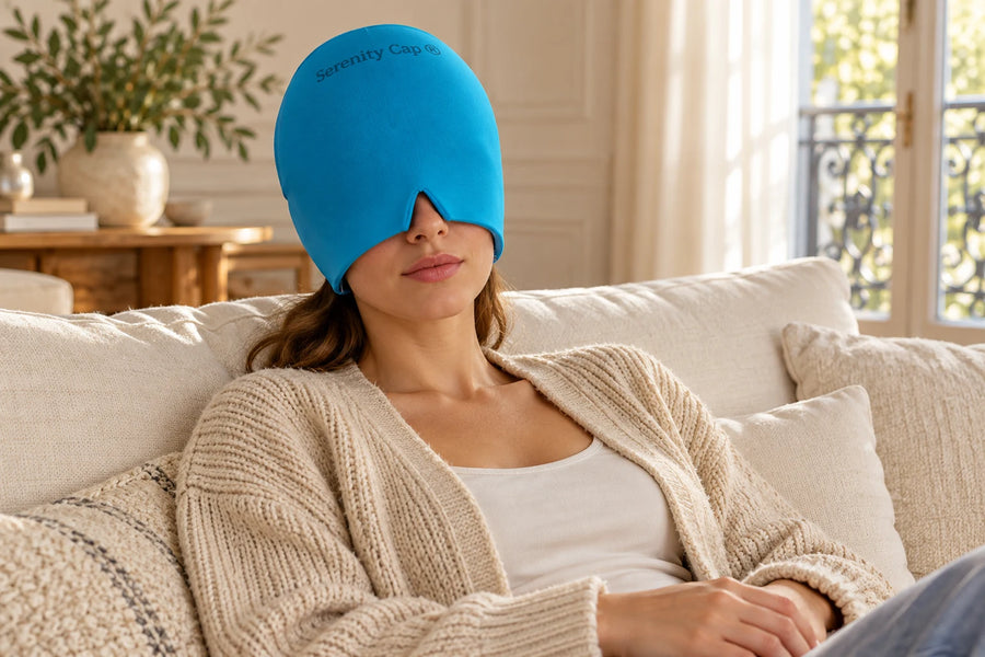 Illustration : femme adulte portant le bonnet Serenity-Cap bleu