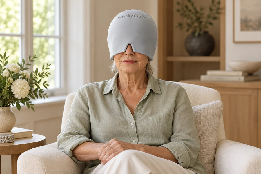 Illustration : femme senior portant le bonnet Serenity-Cap gris