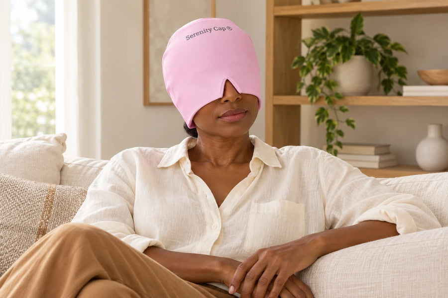 Illustration : femme adulte portant le bonnet Serenity-Cap rose