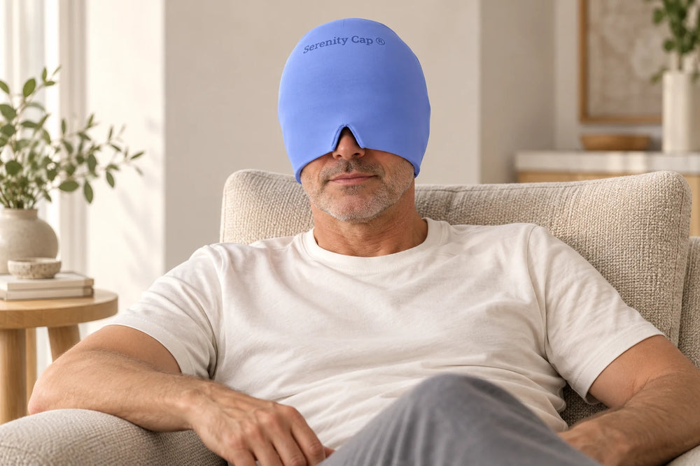Illustration : homme adulte portant le bonnet Serenity-Cap violet